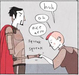 Nimona looks down at the hand, shaking it surprised. "Huh. Oh. Nice arm"
The arm makes squeaking noises.